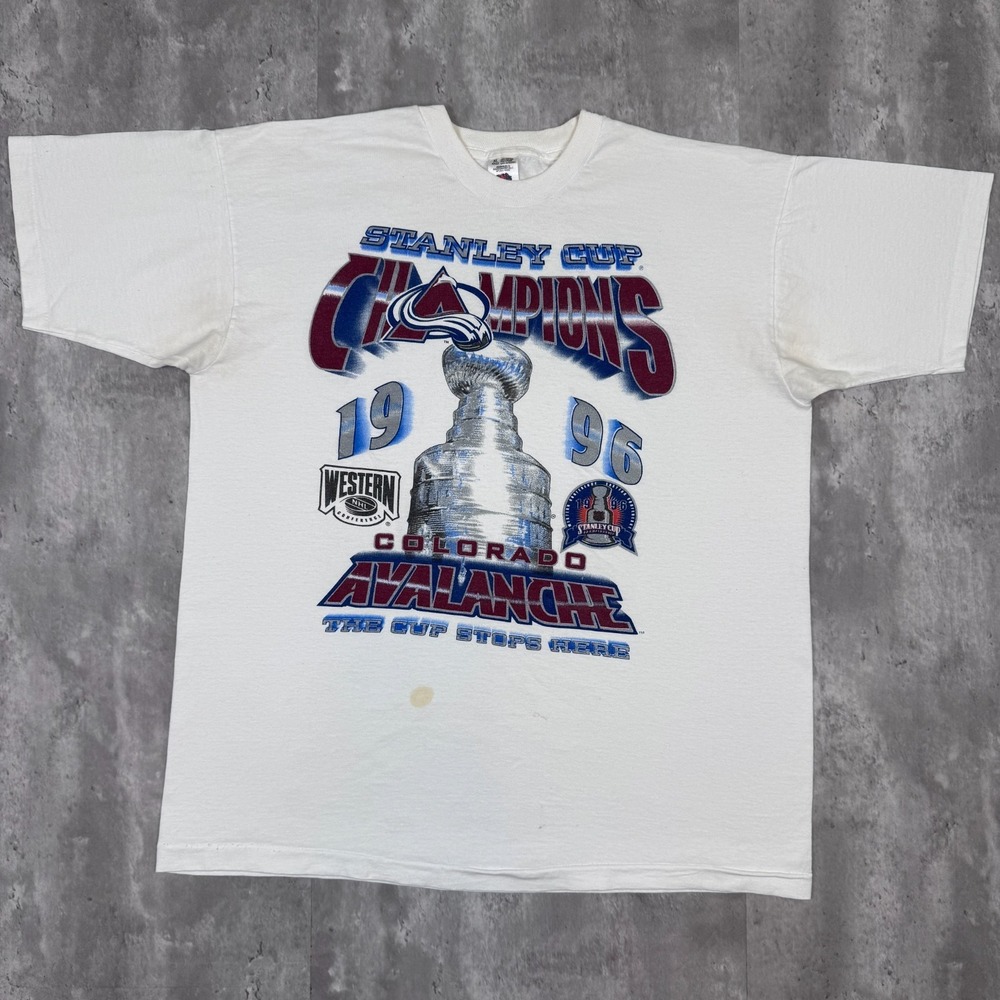 Vintage Colorado Avalanche T-Shirt Mens XL White NHL Hockey Champions 1996